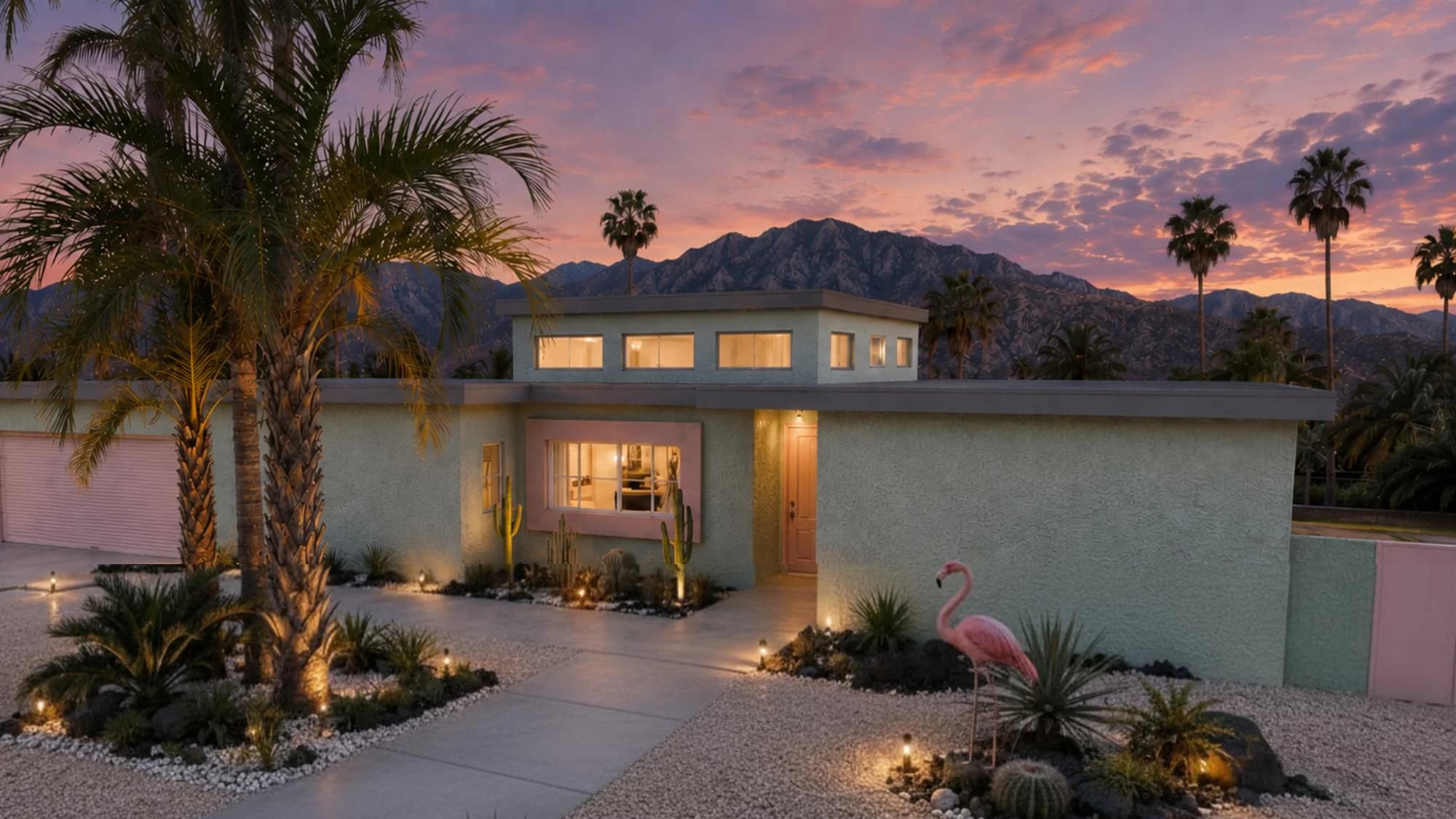 Stylish front exterior with desert landscaping and striking mountain views. (photo 2 of 5)