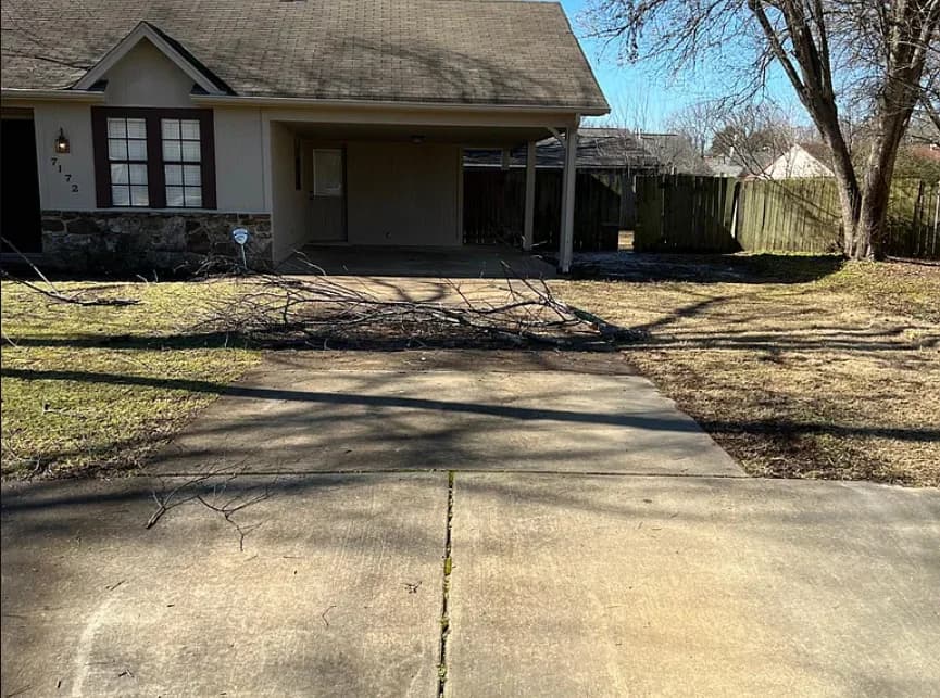 Front exterior view with a concrete driveway and a tree branch. (photo 1 of 8)